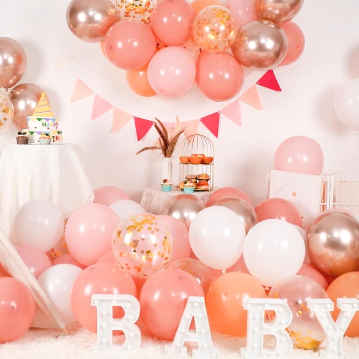 Paready Blush Pink Balloon Set, 50 Pcs Pink and Champagne Gold, 12 Inch Dusty Pastel Pink Apricot Metallic Gold Confetti for Boho Birthday Bridal Shower Bachelorette Party Supplies