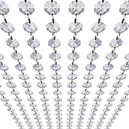 33ft K9 Glass Crystal Garland Strands - Hanging Chandelier Gem Bead Chain - 14mm Clear Octagon Prism Diamond String Decorations for Wedding Party Manzanita Centerpiece Christmas Tree