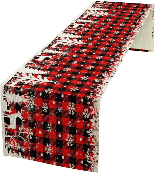 Christmas Table Runner,Red Black Plaid Xmas Snowflakes Deer Trees Print Tablecloth Burlap for Hotel Indoors Outdoor Dining Room Kitchen Home Decor,W13X L108 in