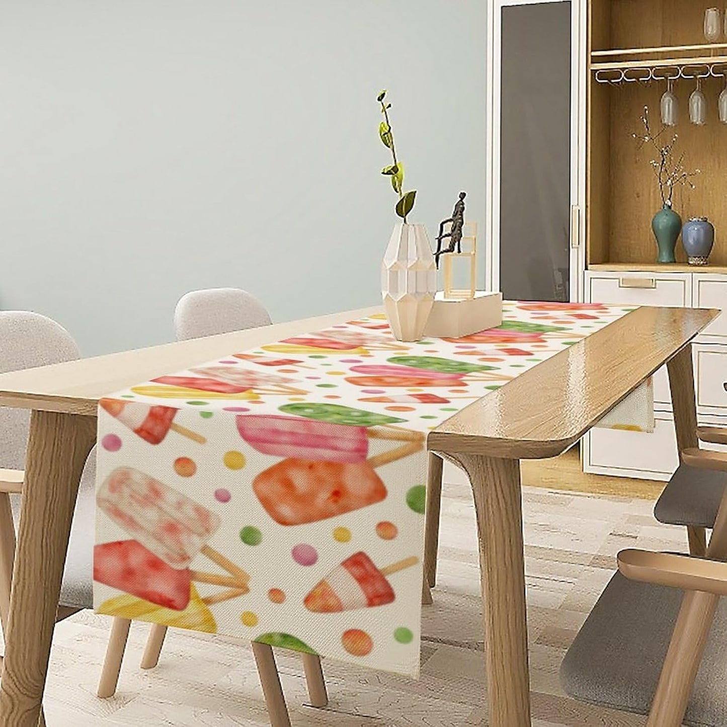 Summer Popsicles Table Runner, Watercolor Colorful Fruit Ice Cream Pops Berry Kiwi Cold Summer Sweet Seasonal Dinner Runner for Party Holiday Home Kitchen Dining Table Decor 13"x90"