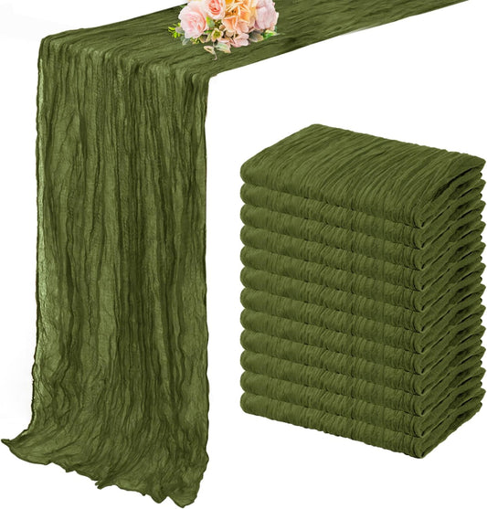 12 Pack Olive Green 10FT Cheesecloth Table Runner Rustic Gauze Cheese Cloth Table Runner for Wedding Bridal Baby Shower Table Decorations Boho Fabric Sheer Birthday Party Decor 20 x 120 Inch Long