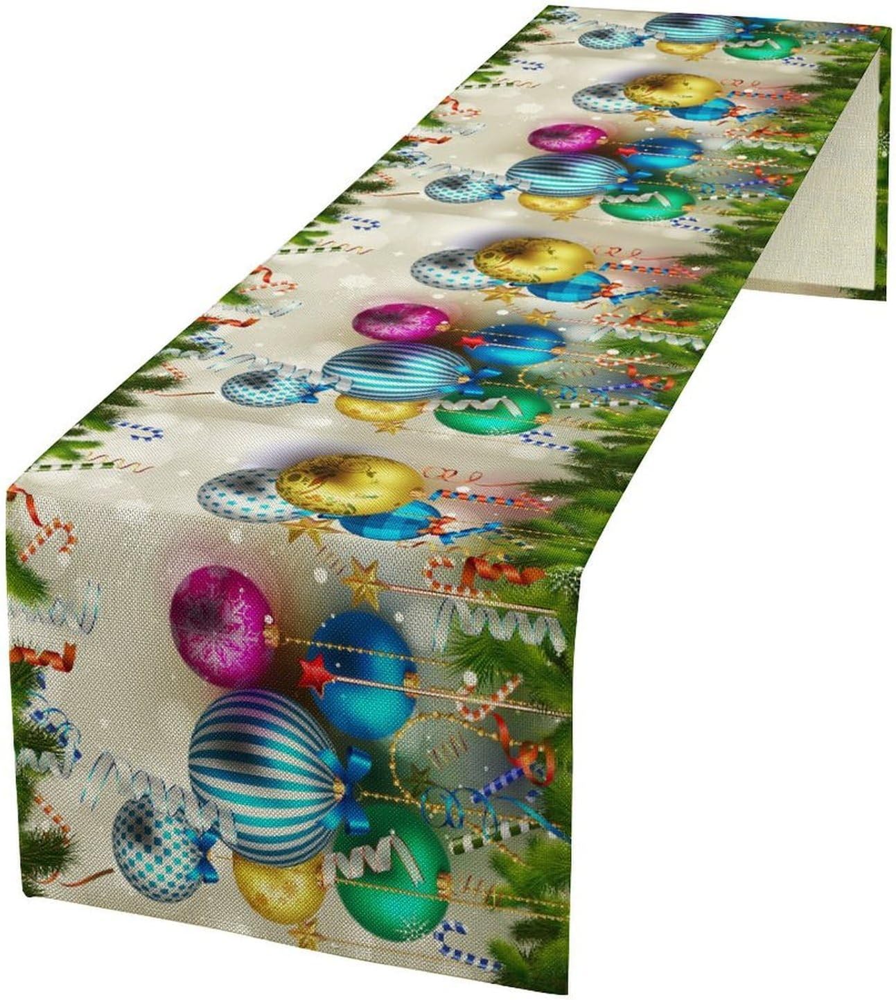 Christmas Table Runner,Colorful Balls Xmas Tree Snowflake Pattern Print Tablecloth Burlap for Hotel Indoors Outdoor Dining Room Kitchen Home Decor,W13X L90 in