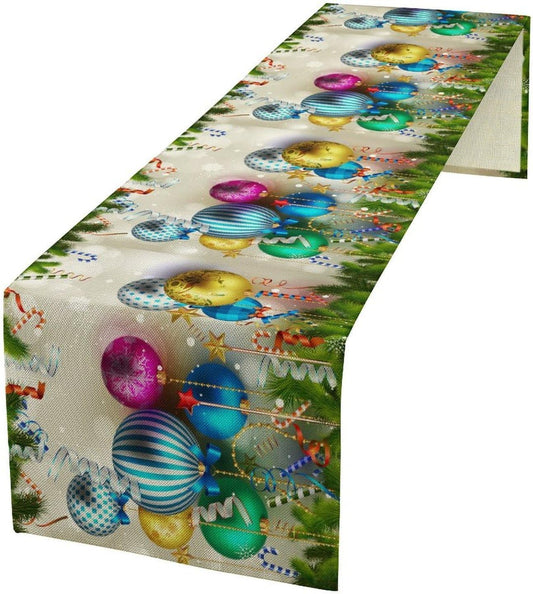 Christmas Table Runner,Colorful Balls Xmas Tree Snowflake Pattern Print Tablecloth Burlap for Hotel Indoors Outdoor Dining Room Kitchen Home Decor,W13X L90 in