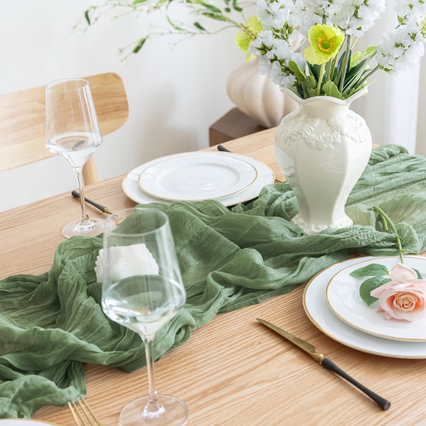 Asee'm 6pcs Cheesecloth Table Runner 120 Inches Sage Green Boho Gauze Cheese Cloth Runner 10FT Rustic Sheer Table Runners for Summer Wedding Baby Shower Holiday Party Decoration