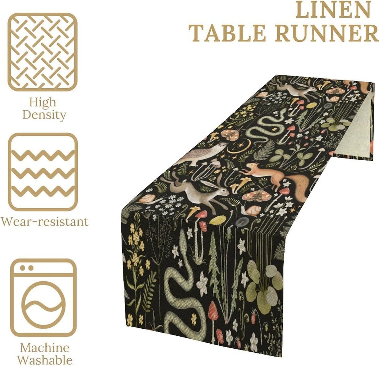 Mushroom Table Runner,Vintage Boho Forest Wild Animal Wildflower Botanical Plants Pattern Print Burlap Hotel Indoors Outdoor Dining Room Kitchen Holiday Party, 13x80in