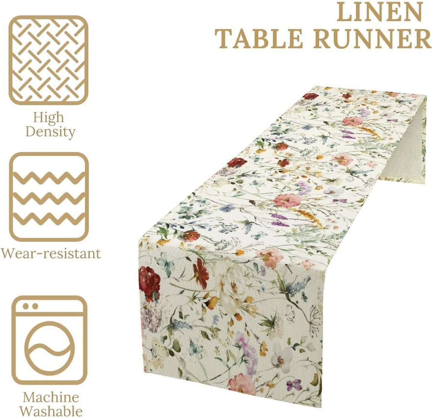 Floral Butterfly Table Runner,Rustic Colorful Flower Botanical Watercolor Pattern Print Burlap for Hotel Indoors Outdoor Dining Room Kitchen Holiday Party, 13x60in