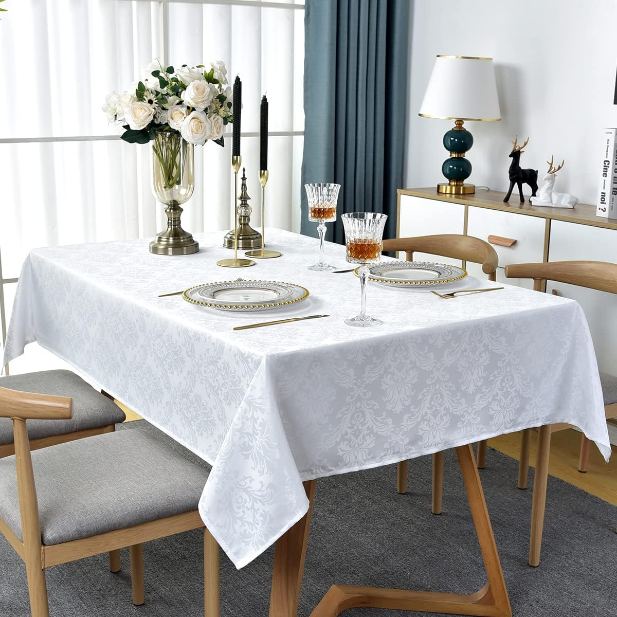 SASTYBALE White Tablecloth Rectangle 52 x 70 Inch Jacquard Damask Tablecloth, Spill Proof & Wrinkle Resistant Polyester Table Cloth, Washable Table Cover for Party, Dining, Indoor, Outdoor