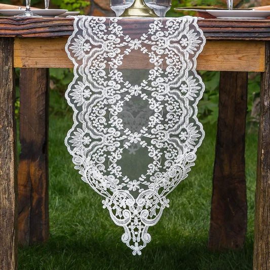 ARTABLE Rectangle Table Runner Lace Macrame Embroidered Table Runners with Exquisite Vintage Shabby Chic for Holiday Wedding Long Dinner Tables (White, 12 x 60 Inch)
