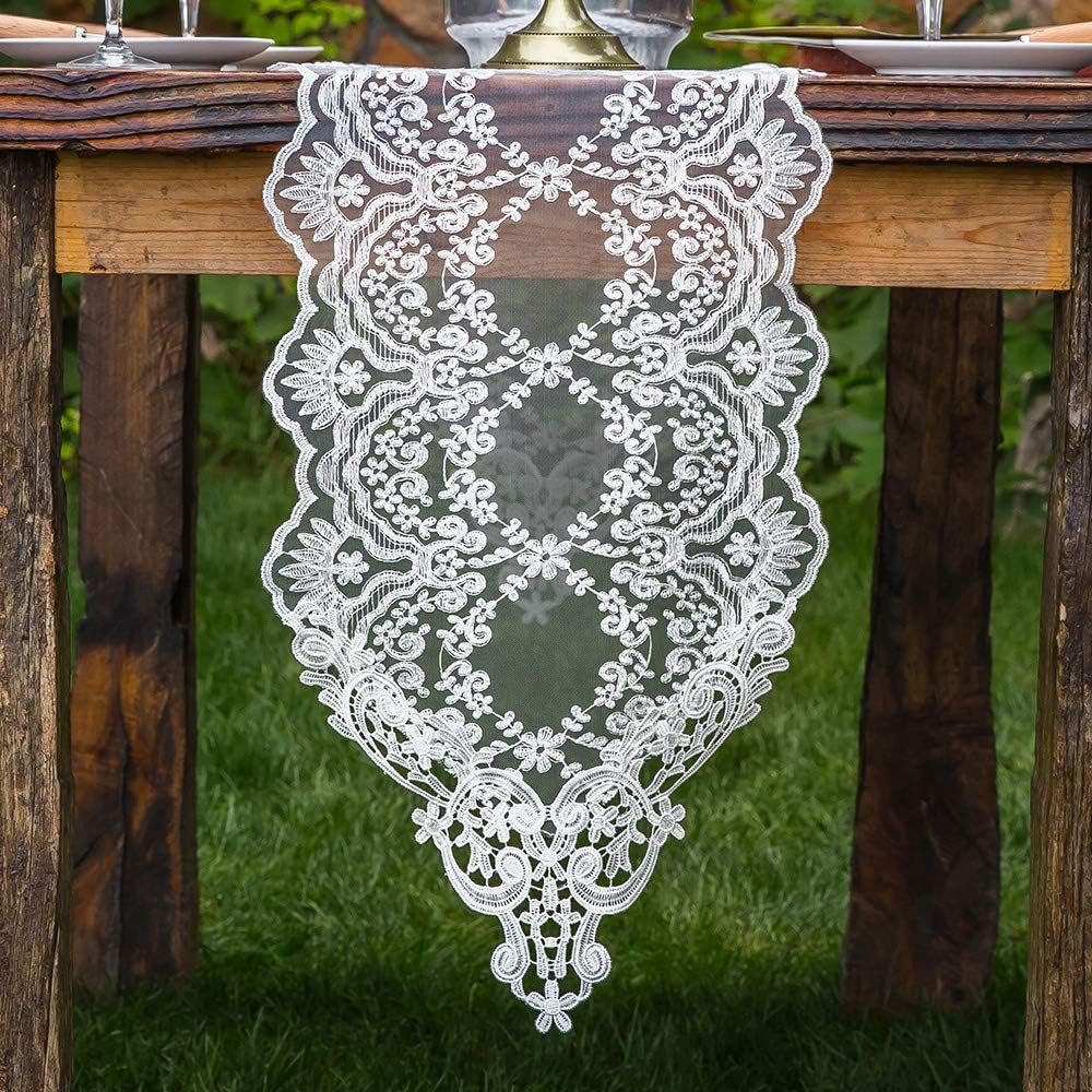ARTABLE Rectangle Table Runner Lace Macrame Embroidered Table Runners with Exquisite Vintage Shabby Chic for Holiday Wedding Long Dinner Tables (White, 12 x 96 Inch)