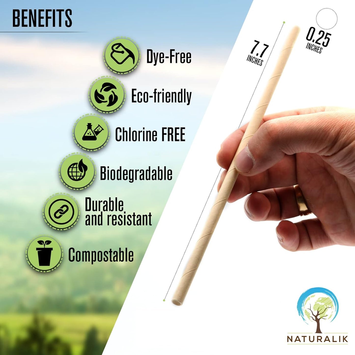 1000-Pack Sturdy Biodegradable Paper Straws Heavy-Duty, Dye-Free, Eco-Friendly Sturdy Paper Straws Bulk Drinking Straws for Smoothies, Restaurants and Party Decorations 7.7" (Brown, 1000pc)