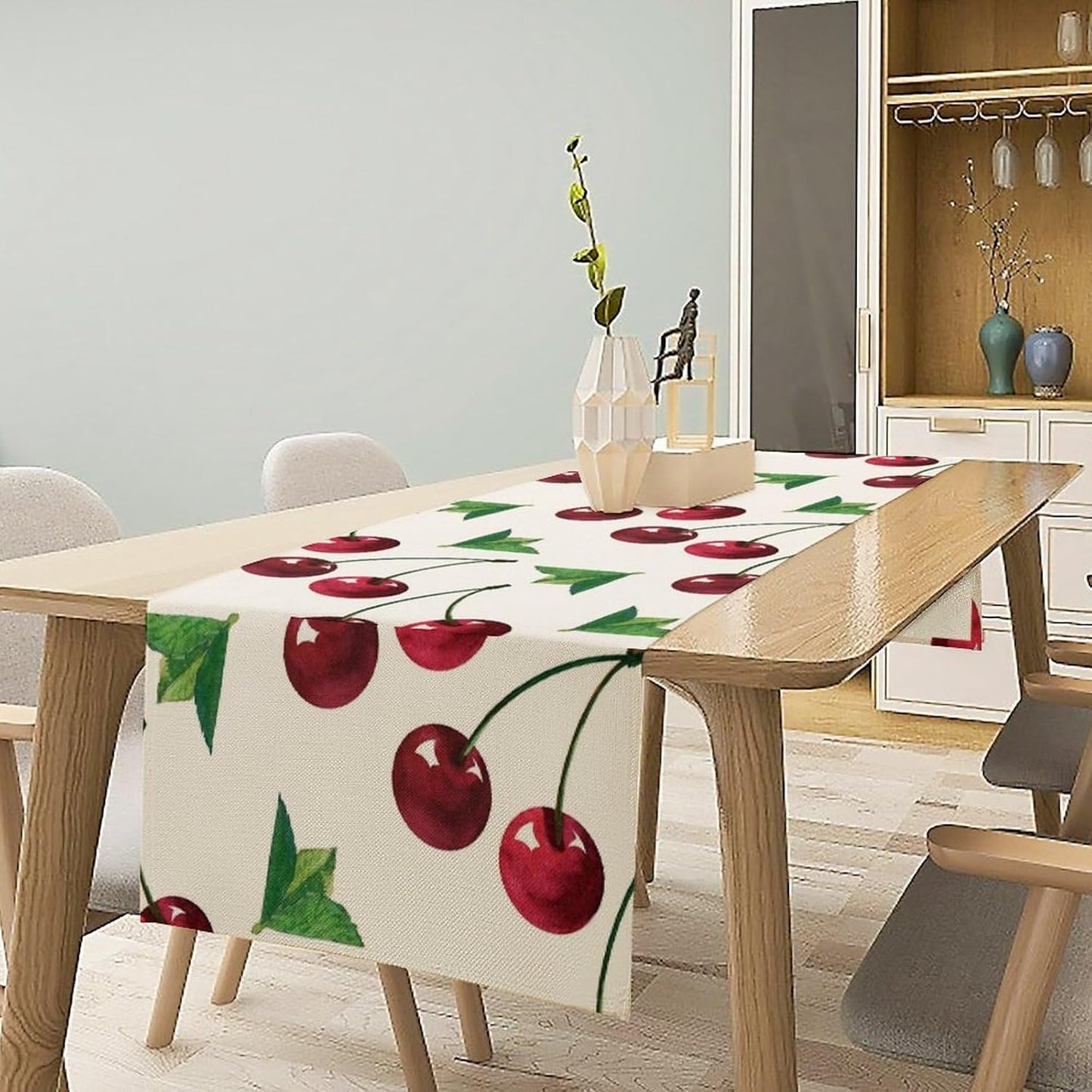 Red Cherry Table Runner Watercolor Tropical Fruit Spring Summer Wild Berry Dinner Runner for Girl Baby Party Holiday Home Kitchen Dining Table Decor 13x70