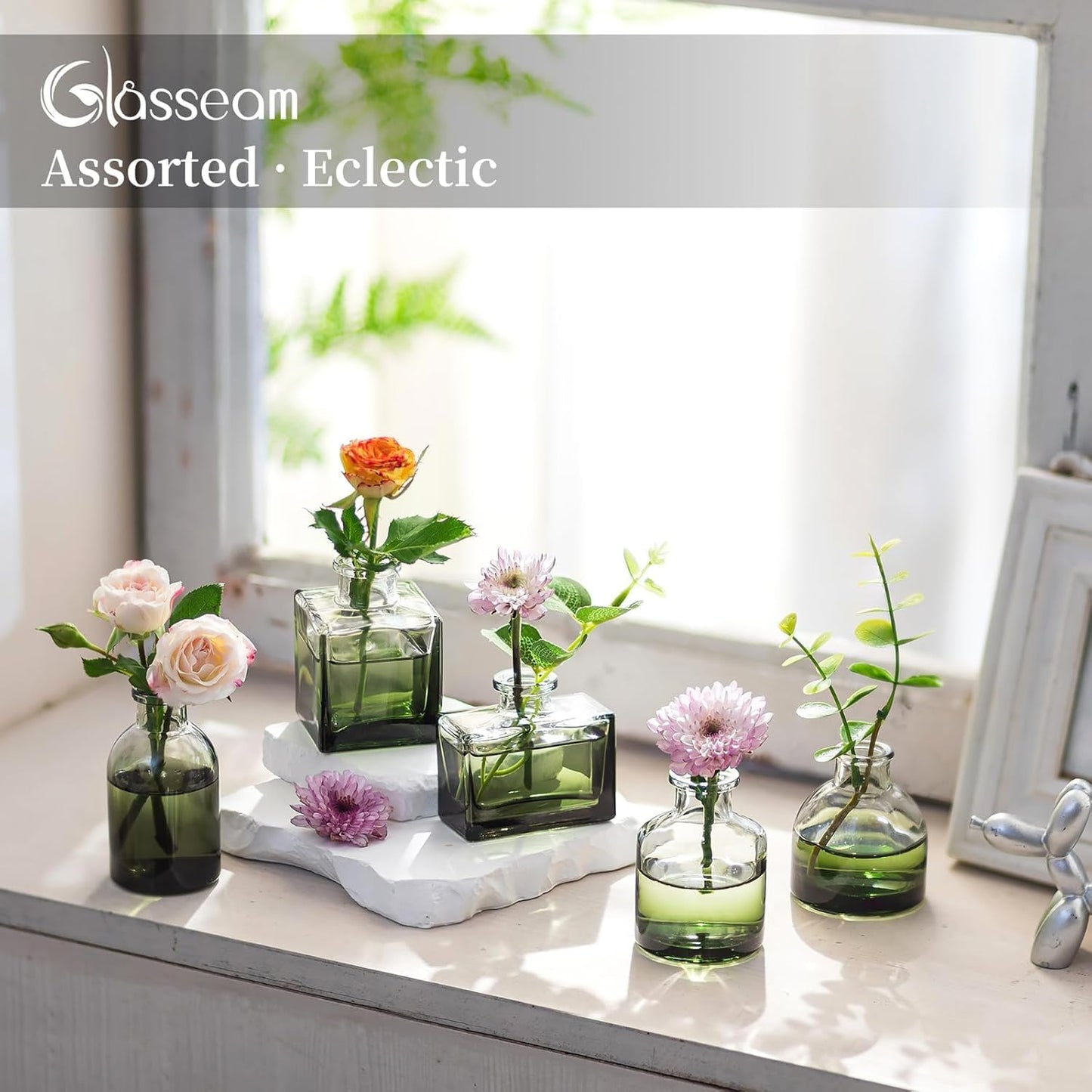 Glasseam Bud Flower Vases in Bulk: 40 Glass Cute Small Vases for Centerpieces Vintage Mini Wedding Birthday Party Table Centerpieces Tiny Baby Shower Dining Room Decoration Green