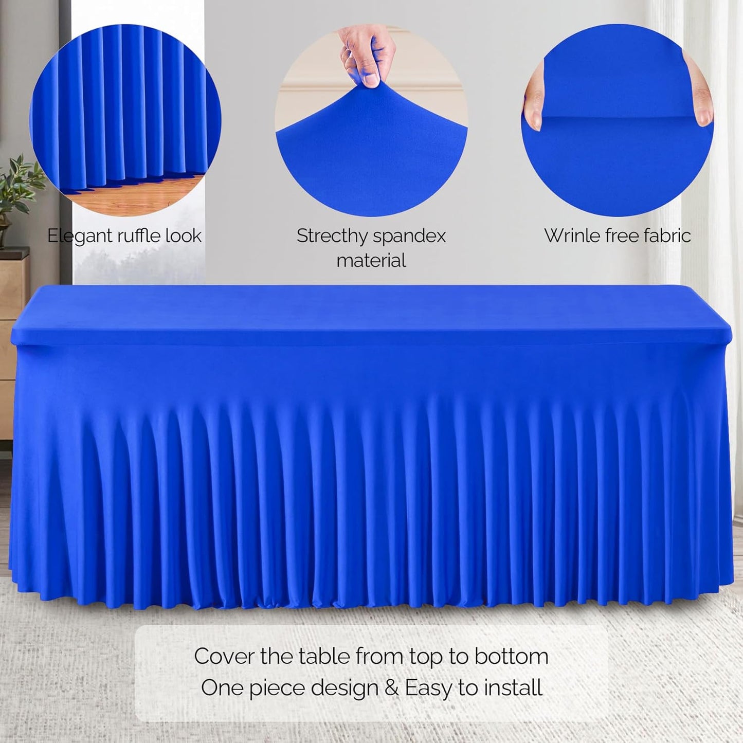 Wish Care 2 Pack Royal Blue Spandex Table Clothes for 8 Foot Rectangle Tables, 8FT Wrinkle Free Fitted Tablecloths Ruffles Design Table Cloth for Party, Banquet, Wedding and Events