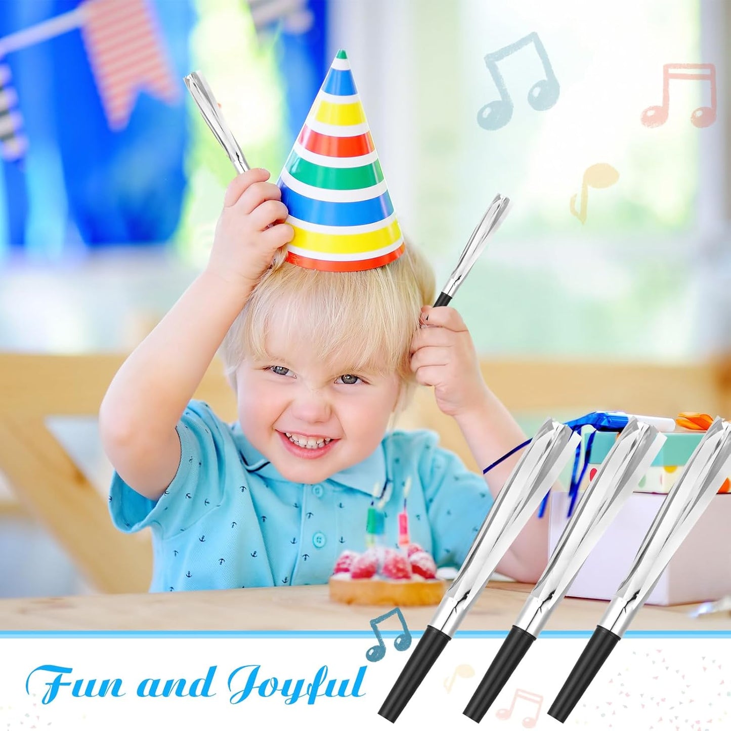24 Pcs Noise Makers Glitter Metallic Fringed Noise Makers Horns for Baby Shower, Kids Birthday, New Year Party Favor - Silver