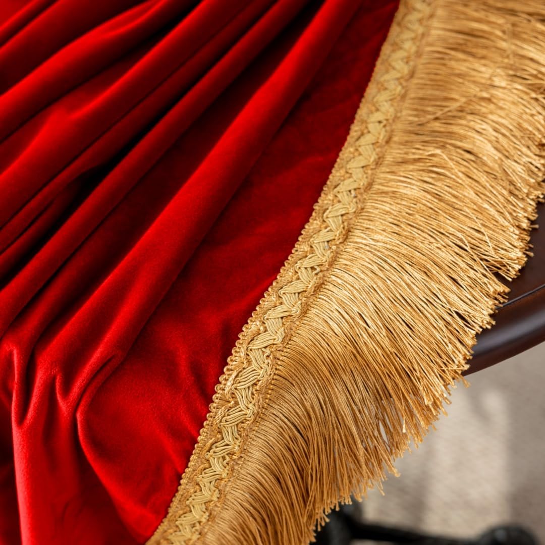 F-CHU Red Tablecloth Thickset Velvet Tablecloth with Beautiful Gold Tassels Vintage Table Cloth for Home Decor Wedding, Party, Banquet and Events 60" Round