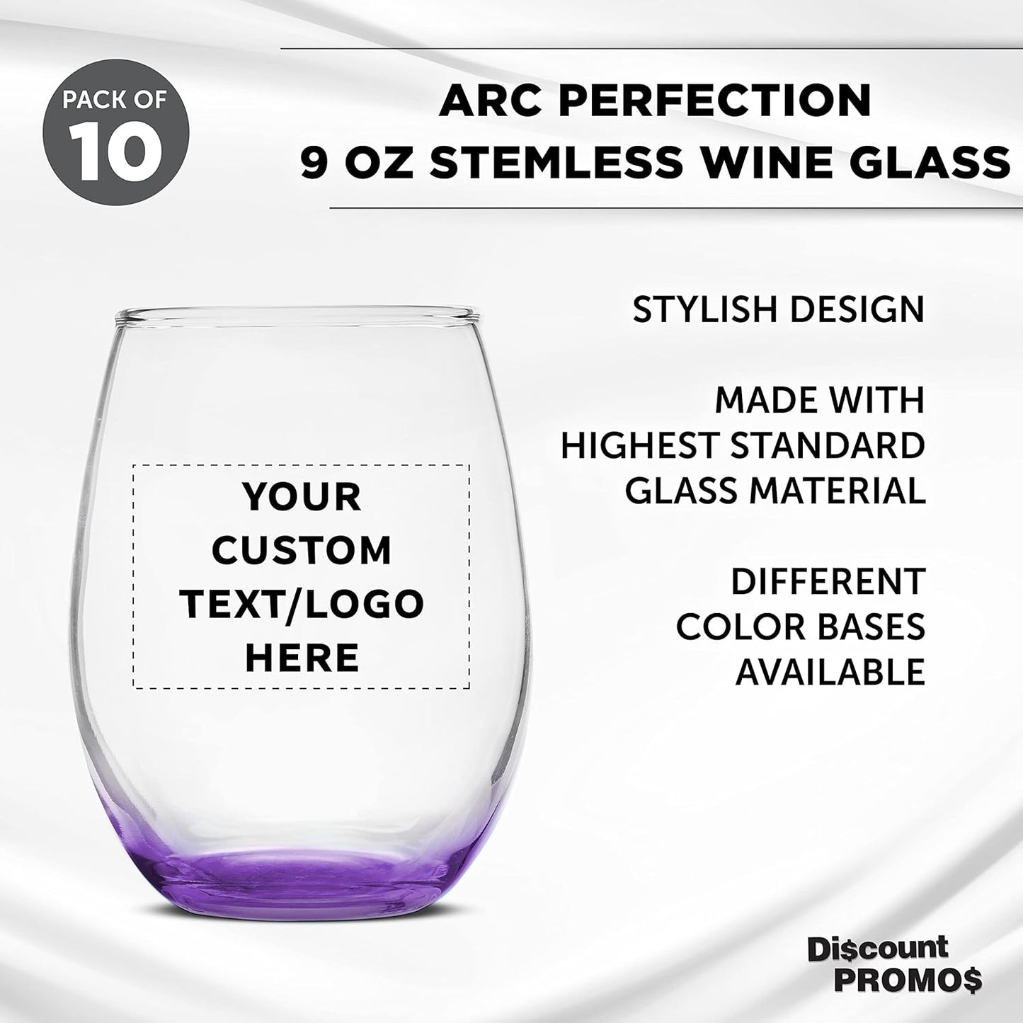 Custom Stemless Wine Glass 9 oz. Set of 10, Personalized Bulk Pack - Great for Wedding Favors, Bachelorette Party Decorations, Party Favors, Color Bottom - Purple