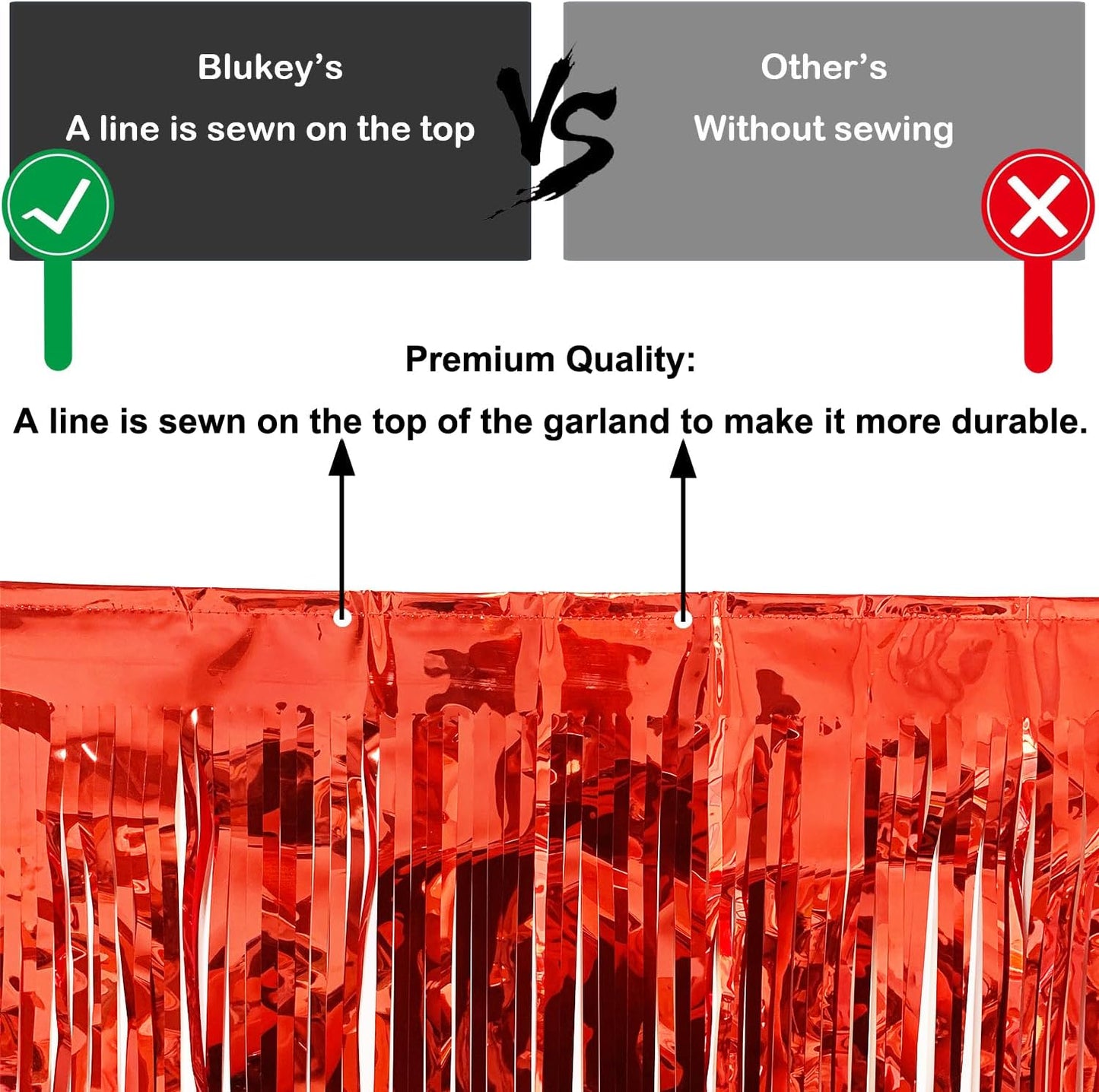 Thick 10 Feet by 15 Inch Red Foil Fringe Garland - Pack of 3 | Shiny Metallic Tinsel Banner for Parade Floats, Bridal Shower, Wedding, Birthday, Christmas | Wall Hanging Drapes (3)