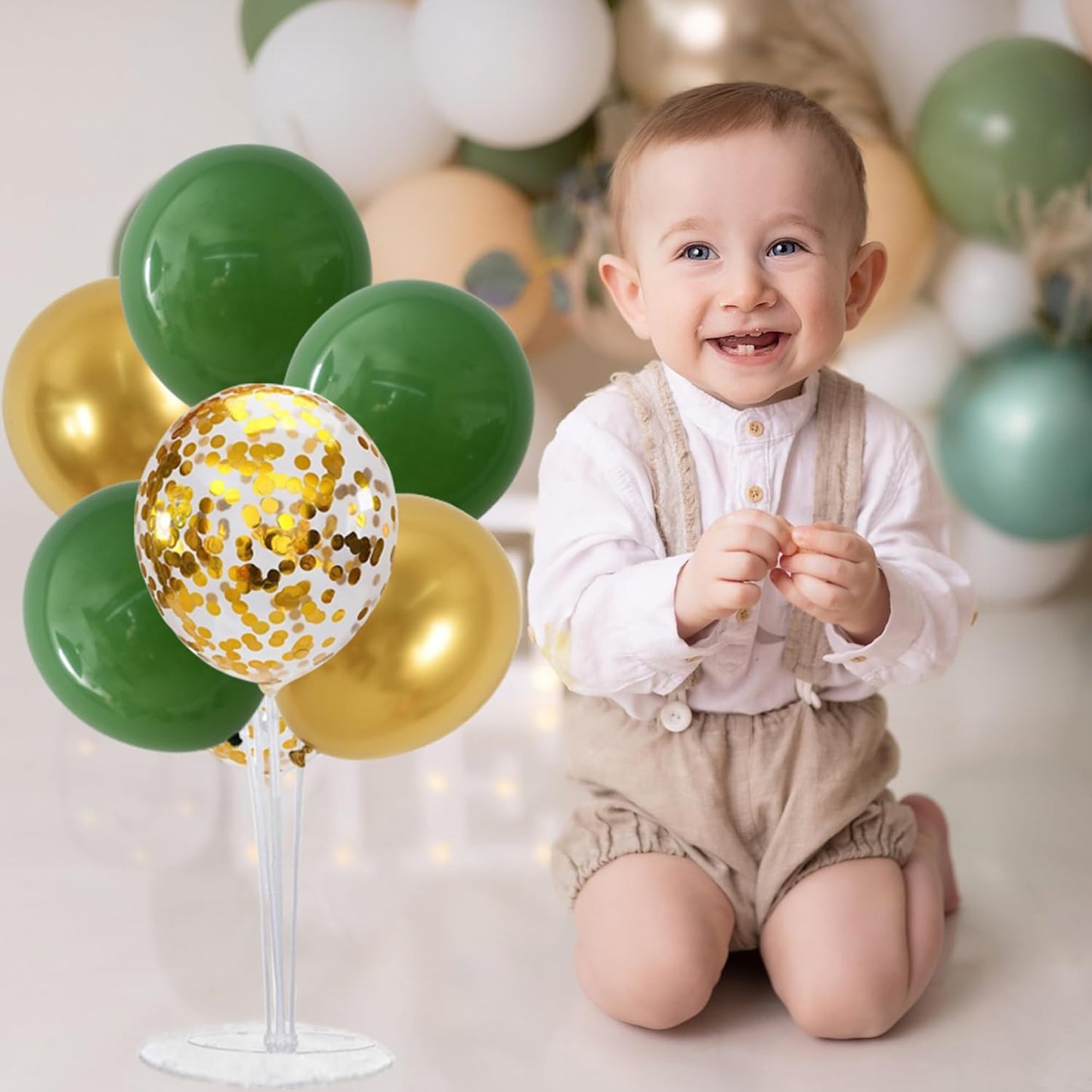 TONIFUL Sage Green and Gold Balloon Centerpieces for Table,Balloon Stand Centerpiece Table Decorations for Birthday,Baby Shower,Woodland Party Decorations Christmas (4 Set)