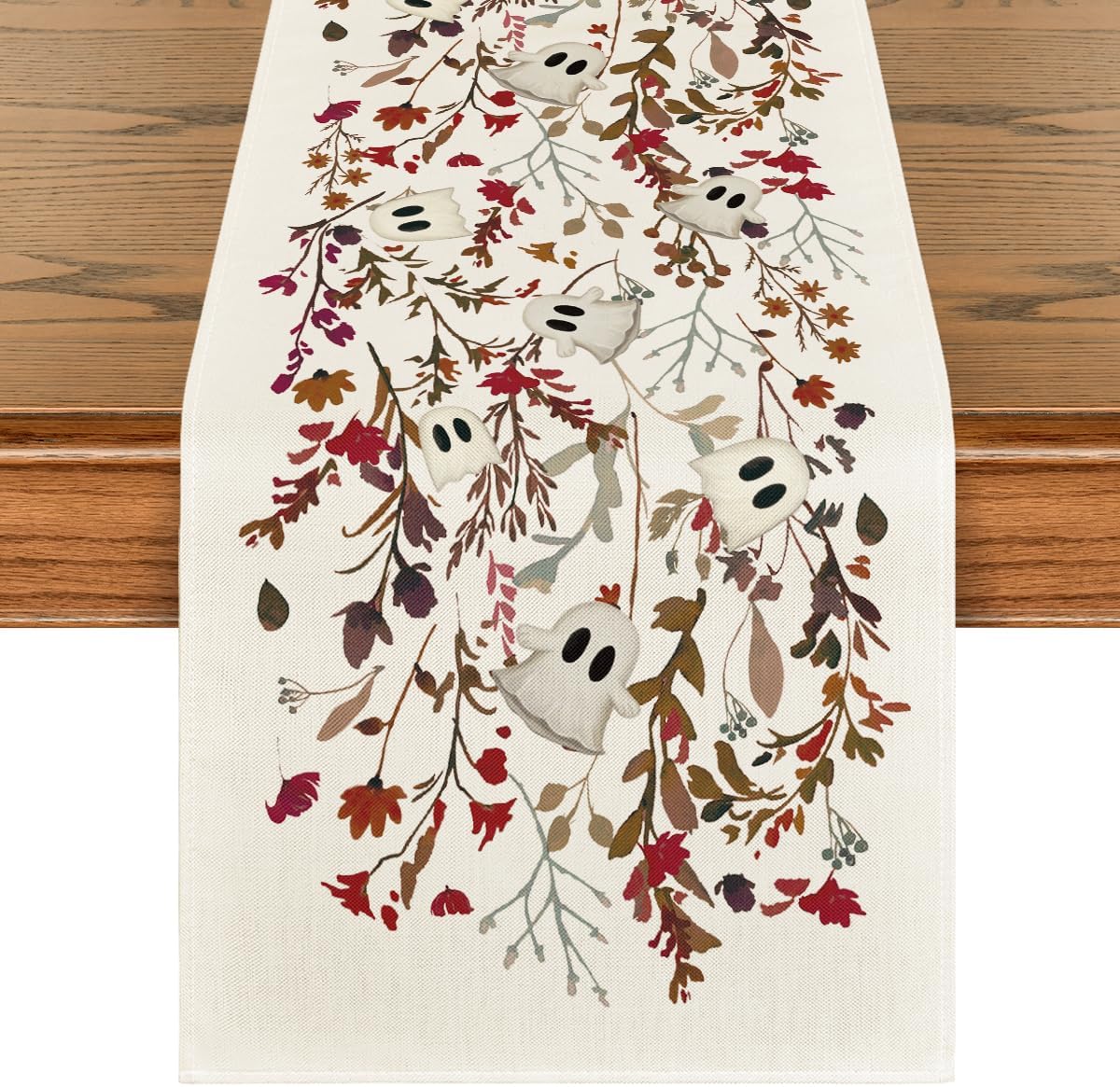 Artoid Mode Ghost Flowers Leaves 210 GSM Halloween Table Runner,Seasonal Fall Kitchen Dining Table Decoration for Home Party Decor 13x72 Inch
