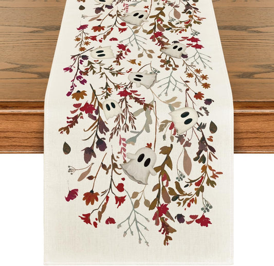 Artoid Mode Ghost Flowers Leaves 210 GSM Halloween Table Runner,Seasonal Fall Kitchen Dining Table Decoration for Home Party Decor 13x72 Inch