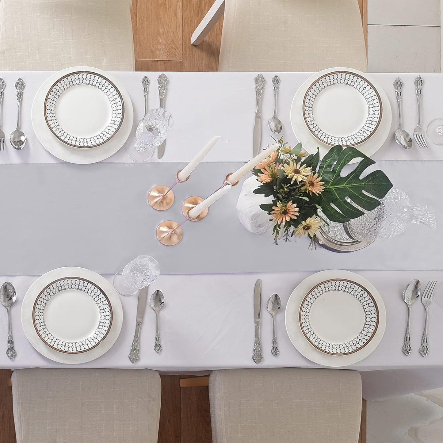 12Pack Table Runner 12 x 108 Inches Satin Silk Table Runner for Wedding, Birthday Party, Banquets, Graduations Decoration, fit Rectange and Round Table-Silver