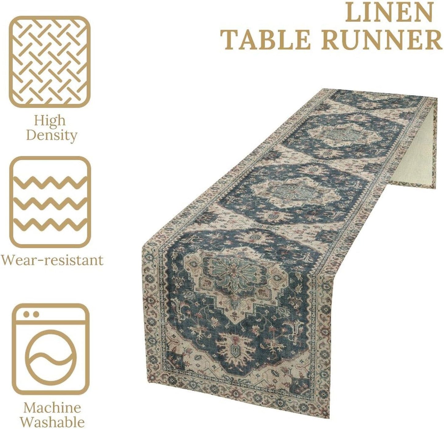 Boho Bohemia Style Table Runner, Vintage Blue Retro Flower Rustic Country Style Floral Print Pattern for Home Kitchen Table Decor Dining Coffee Room Garden Party Decor 13x36in