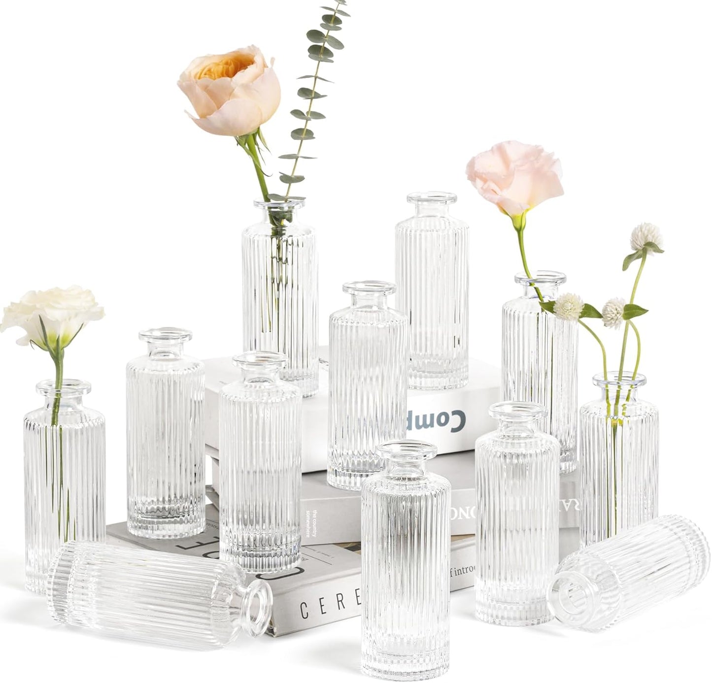 ComSaf Small Bud Vases Set of 12, 5.2 inch Glassl Bud Vase in Bulk, Mini Flower Vase for Centerpiece, Vintage Decorative Vase for Flowers, Wedding, Christmas, Home Decor, Housewarming Gift (Clear)