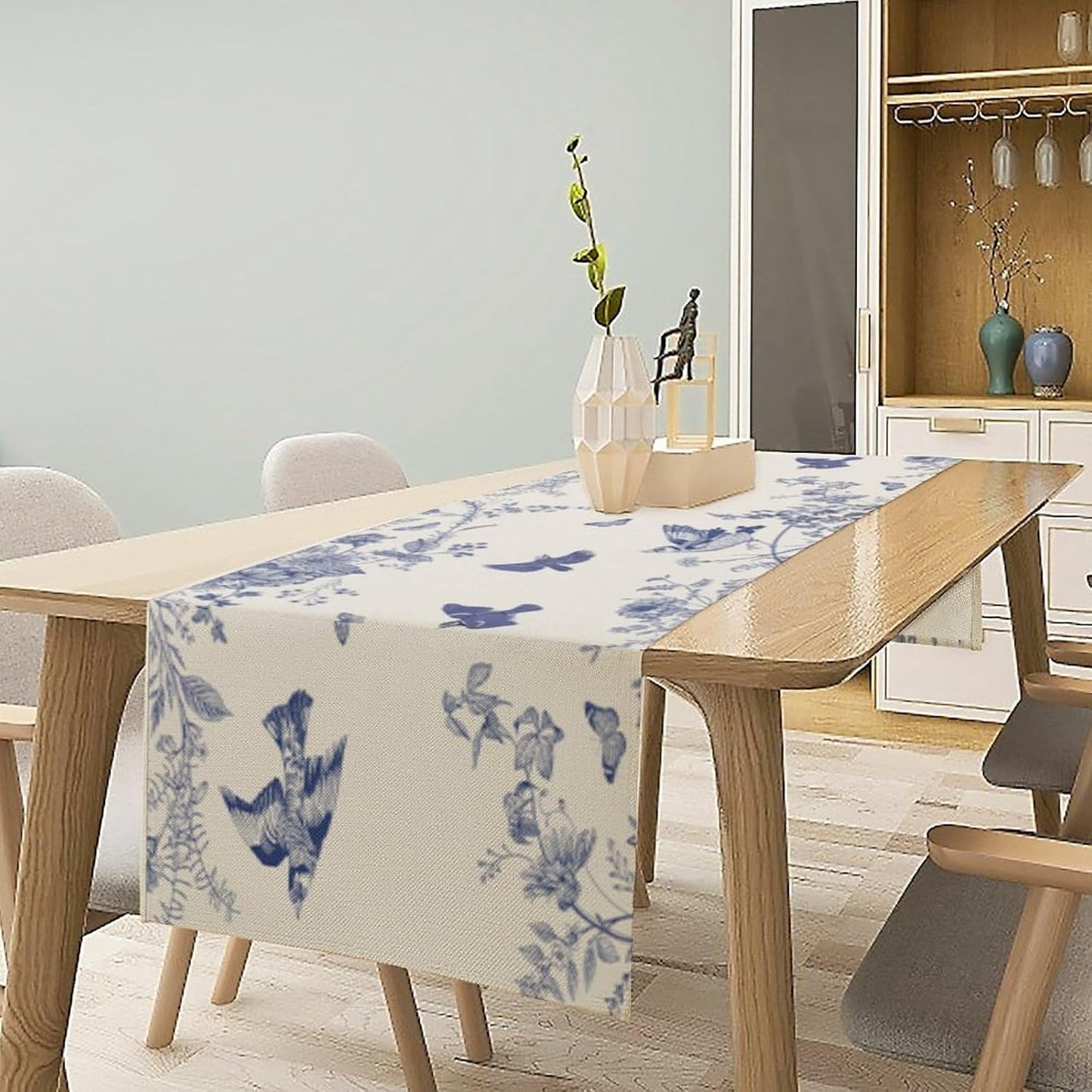 Monochrome Sketch Flowers Bird Table Runner, Seasonal Spring Fall Plants Blue Florals Dinner Runner for Home Kitchen Dining Table Party Holiday Decoration 13"x36"