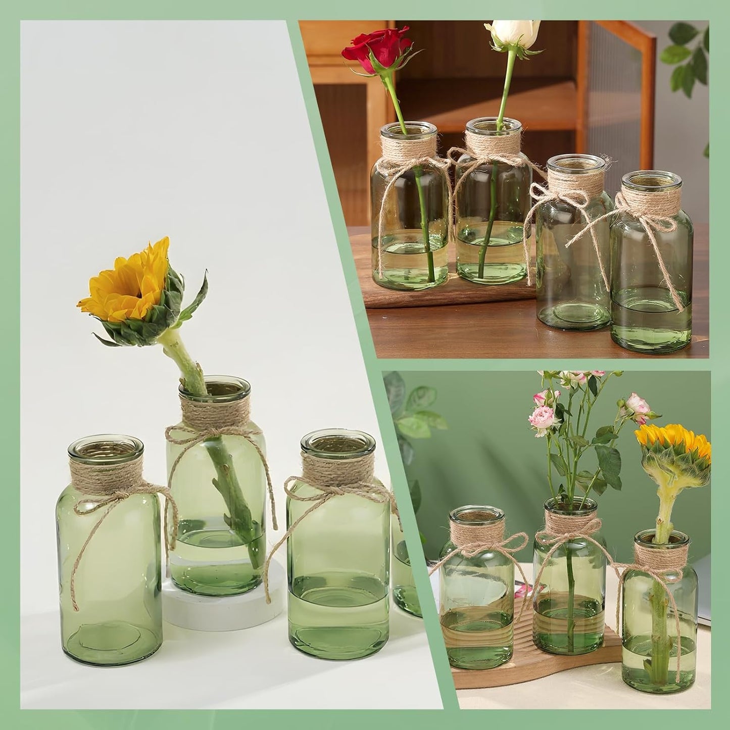 Green Glass Flower Vases for Centerpieces Set of 12, Mason Jars Boho Cylinder Bud Vases in Bulk, for Weddings Parties Vintage Home Decor