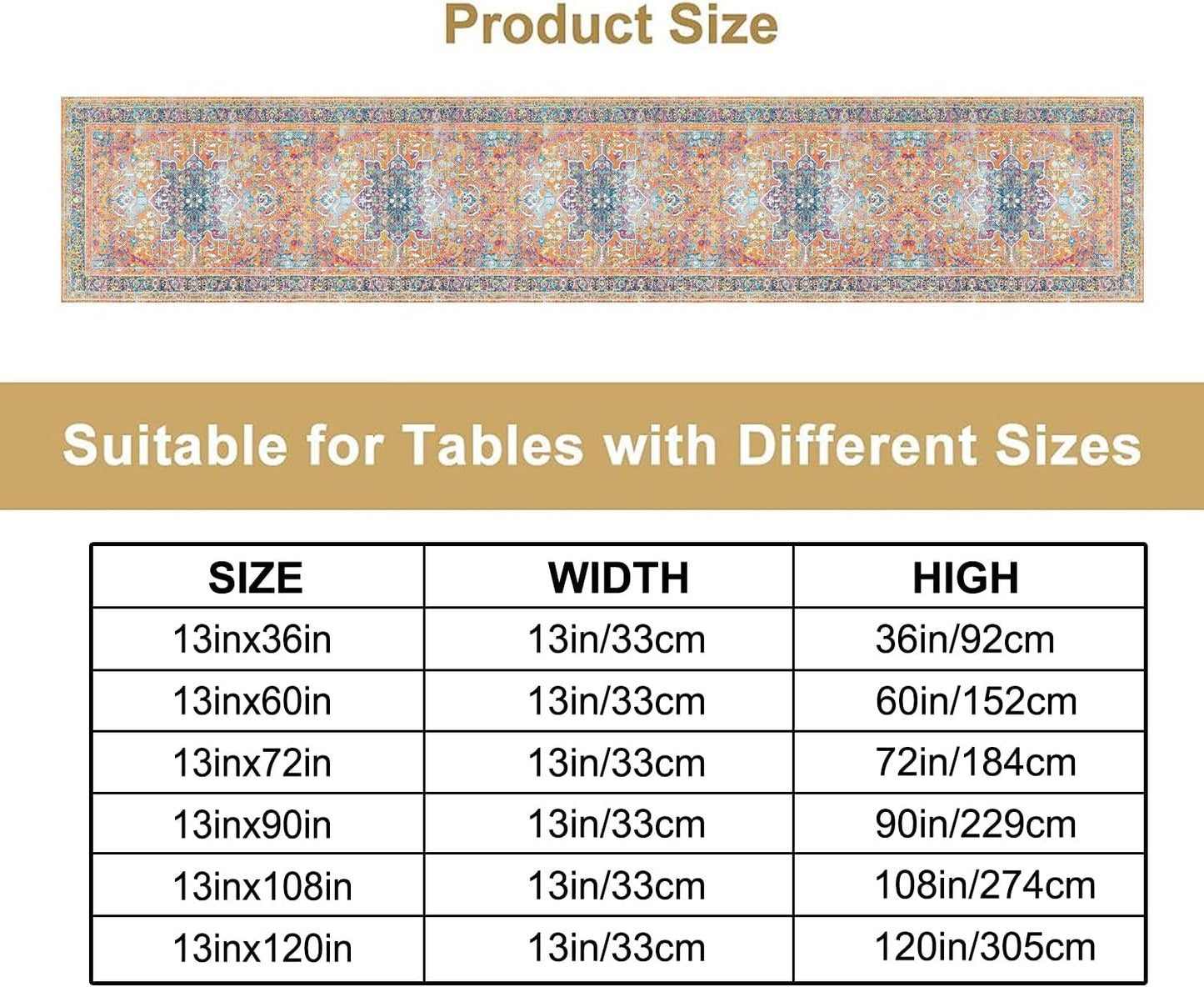 Boho Floral Vintage Table Runner, Orange Retro Flower Rustic Country Farmhouse Abstract Pattern for Home Kitchen Table Decor Dining Coffee Room Party Decor 13x60in