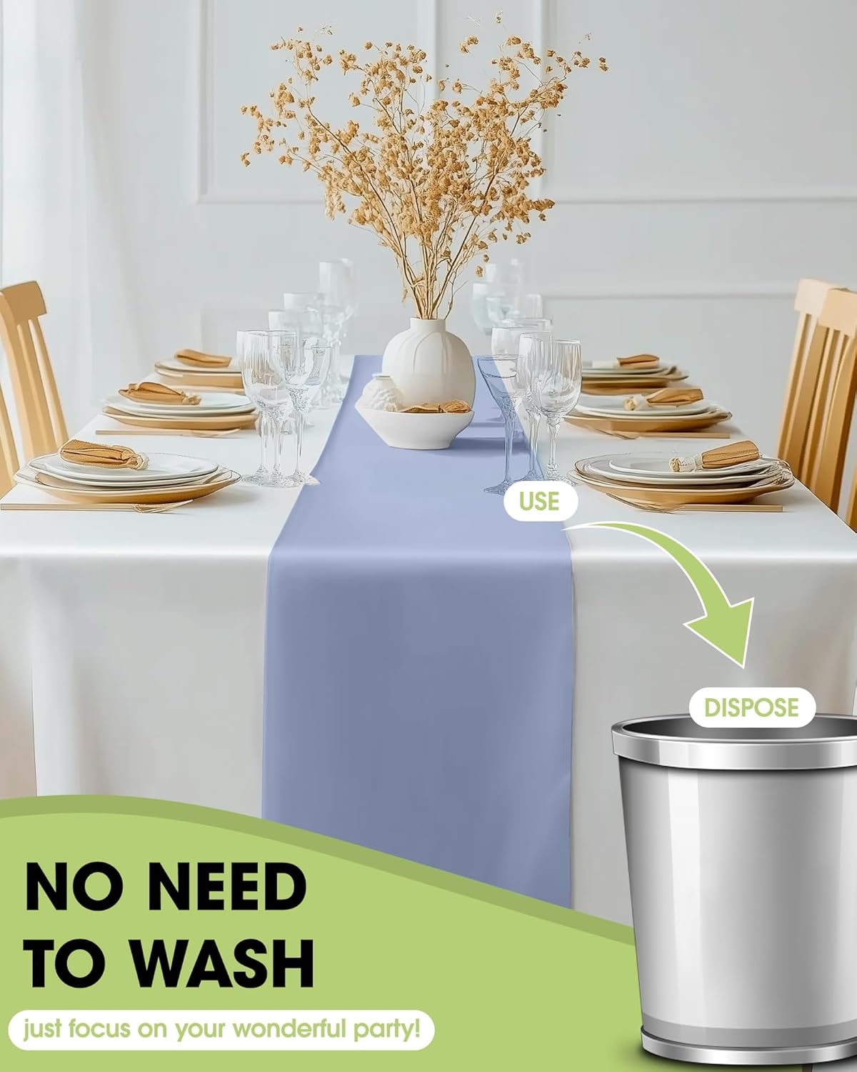 Pureegg Dusty Blue Plastic Table Runners - 10 Pack, 14'' x 108'', Water Resistant & Disposable Centerpiece Decorations for Table Cloth, Wedding, Birthday, Holiday, Baby Shower, Party, Home Decor