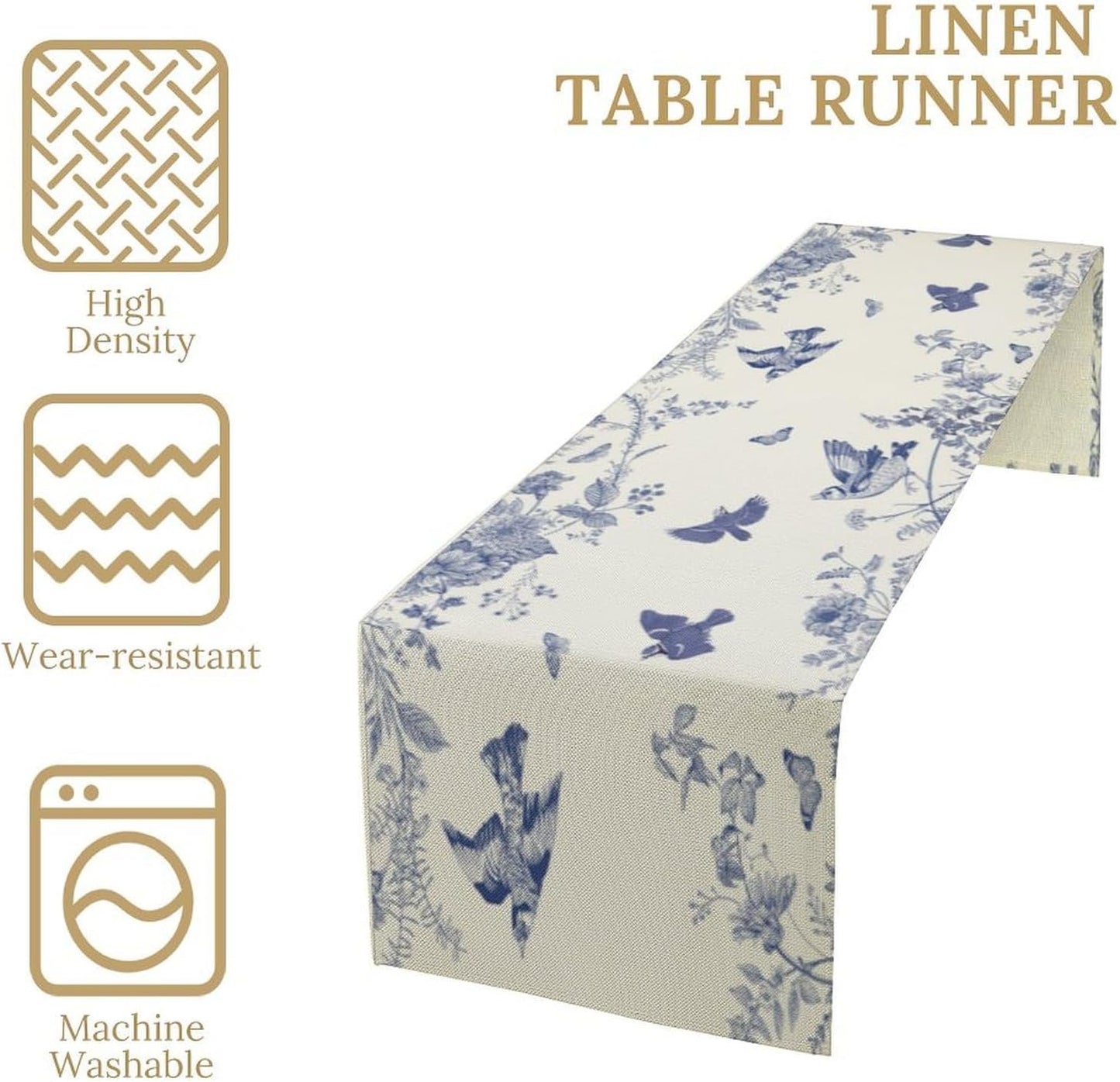 Monochrome Sketch Flowers Bird Table Runner, Seasonal Spring Fall Plants Blue Florals Dinner Runner for Home Kitchen Dining Table Party Holiday Decoration 13"x60"