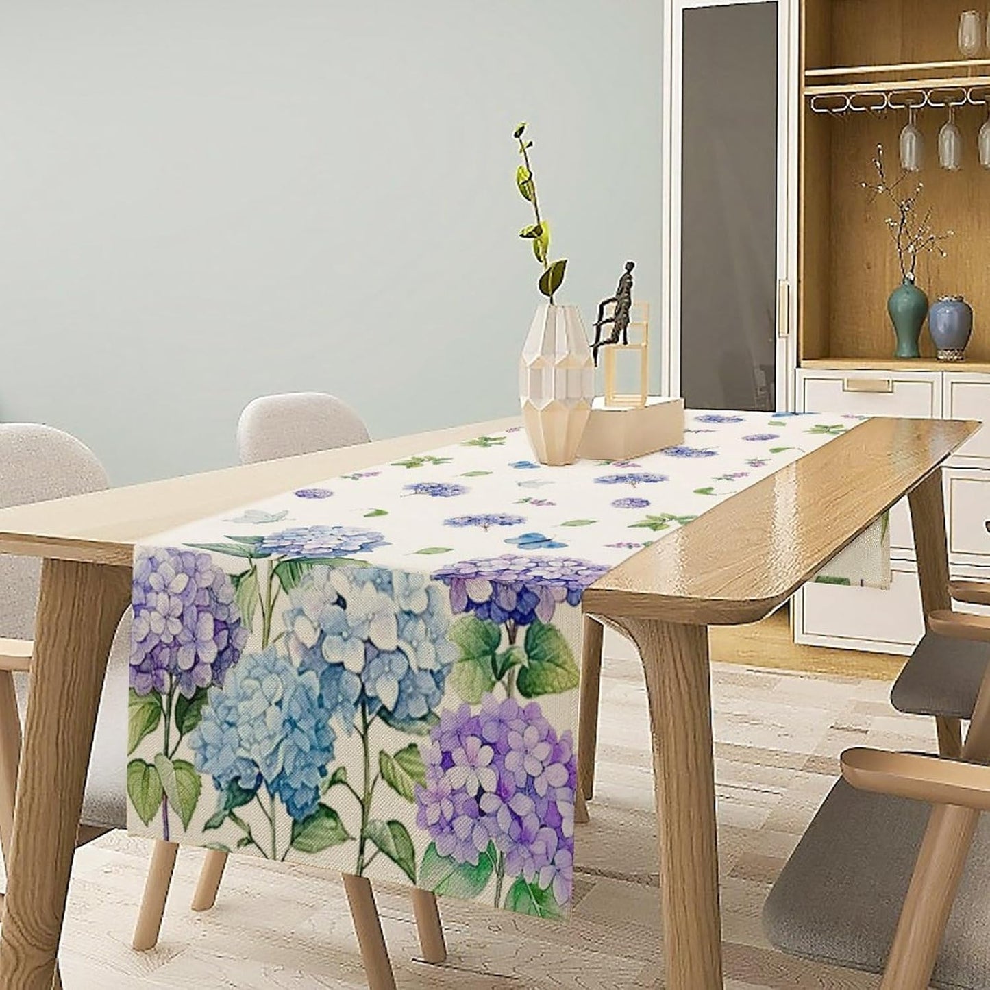 Spring Hydrangea Flower Table Runner, Seasonal Summer Plants Watercolor Florals Butterfly Dinner Runner for Home Kitchen Dining Table Party Holiday Decoration 13"x90"