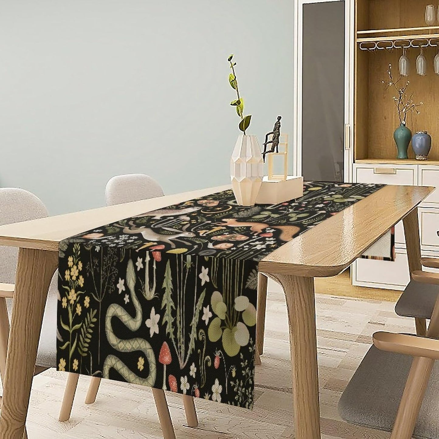 Mushroom Table Runner,Vintage Boho Forest Wild Animal Wildflower Botanical Plants Pattern Print Burlap Hotel Indoors Outdoor Dining Room Kitchen Holiday Party, 13x80in