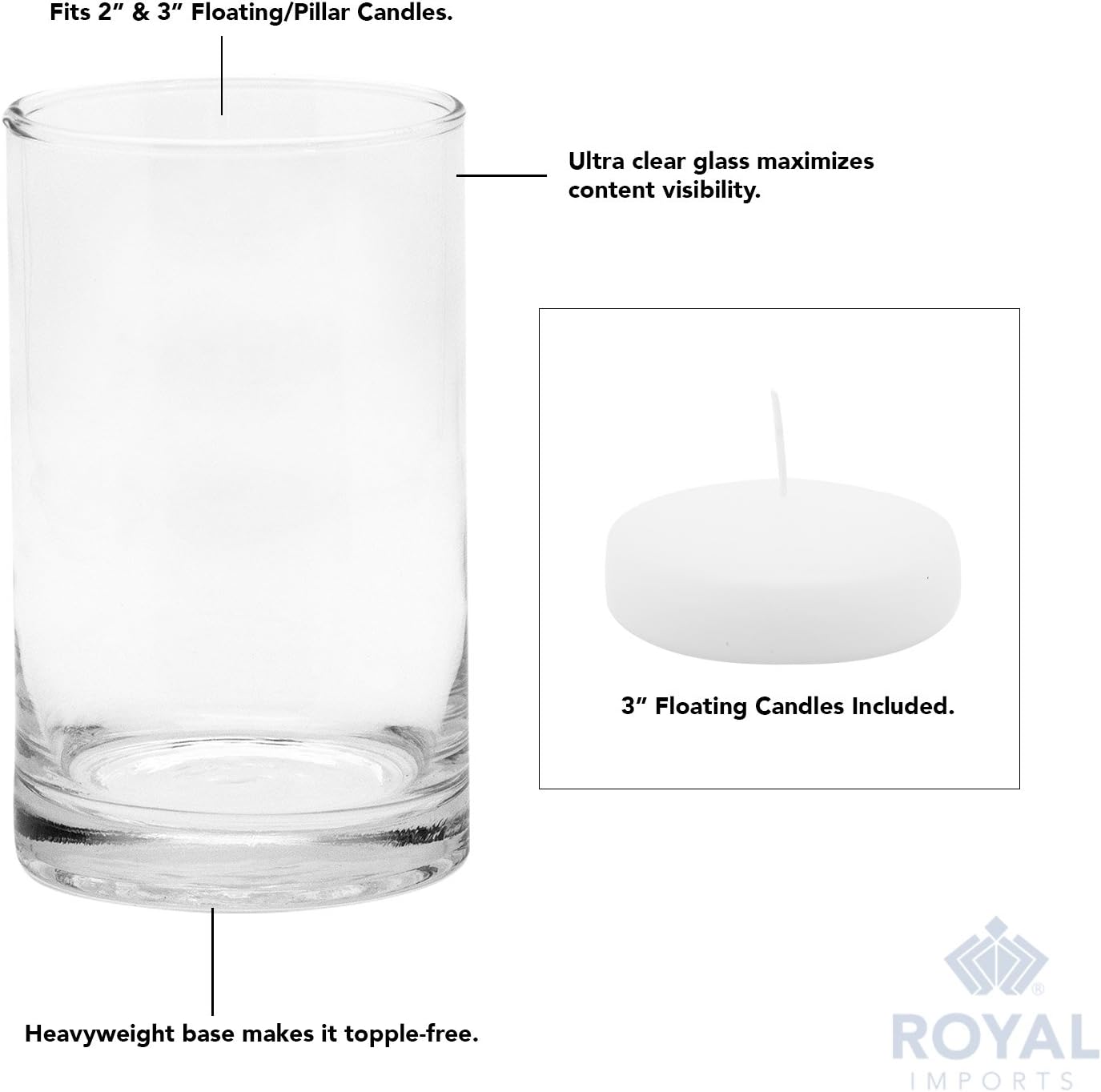 Royal Imports Glass Cylinder Flower Centerpiece Vases Set of 3 - Hurricane Candle Holder Pillar, Floating, Tealights - Use for Floral, Wedding, Home Decor, Holiday Includes 3 Floating Candles