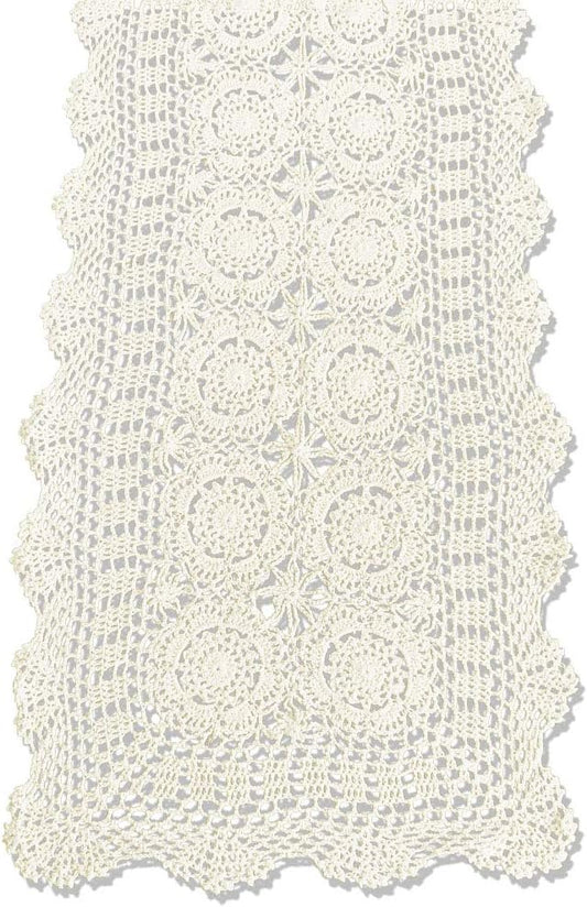 KEPSWET Cotton Handmade Crochet Lace Table Runner Beige Rectangle Coffee Table Dresser Decor (14x60 inch)