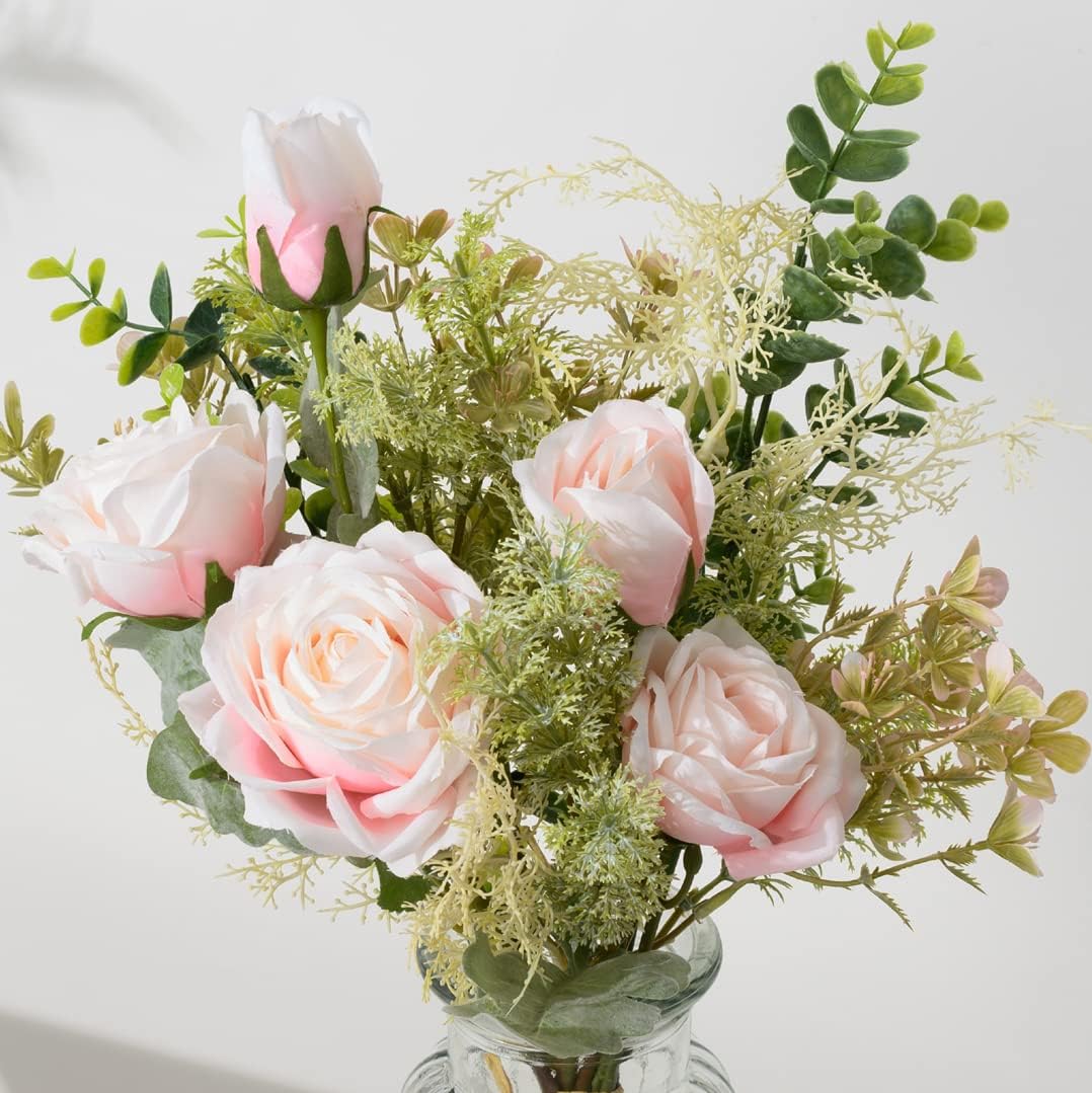 YJ Fake Flowers with Vase, Artificial Flowers Silk Roses Flower Bouquet in Vase, Faux Flower Arrangements,Farmhouse Table Decor,Table Decorations for Living Room,Coffee Table Decor(Pink)