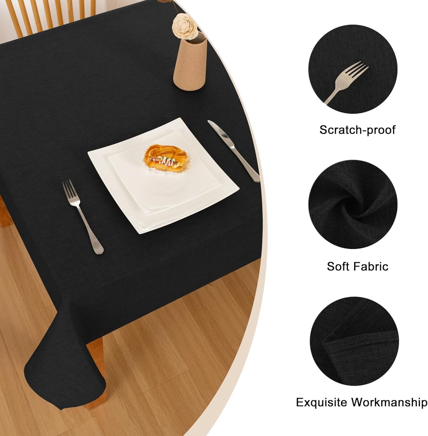 Hiasan Faux Linen Rectangle Tablecloth - Wrinkle and Stain Resistant Washable Table Cloth for Kitchen Dining Room Holiday Table Cover for Dinner, Black, 70 x 140 Inch