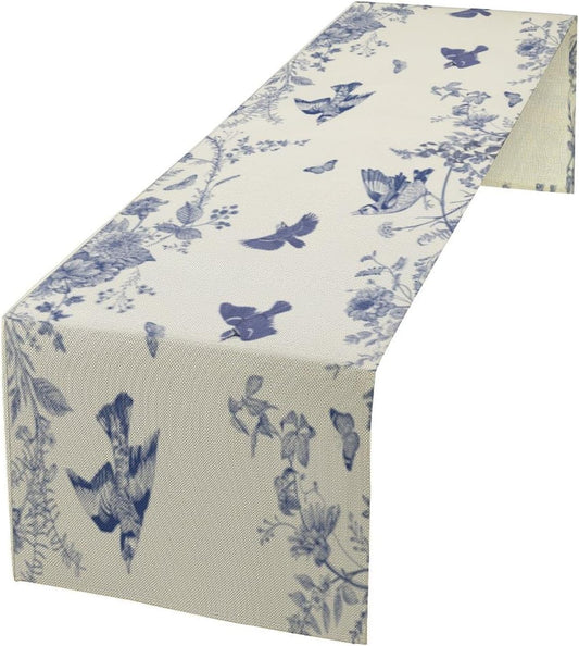Monochrome Sketch Flowers Bird Table Runner, Seasonal Spring Fall Plants Blue Florals Dinner Runner for Home Kitchen Dining Table Party Holiday Decoration 13"x90"
