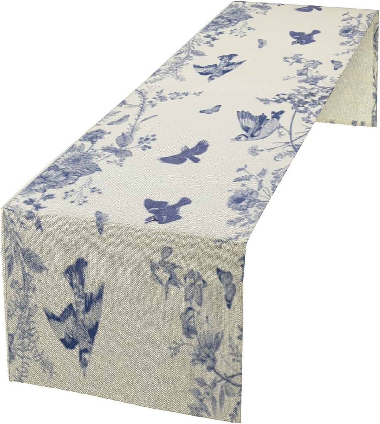 Monochrome Sketch Flowers Bird Table Runner, Seasonal Spring Fall Plants Blue Florals Dinner Runner for Home Kitchen Dining Table Party Holiday Decoration 13"x36"
