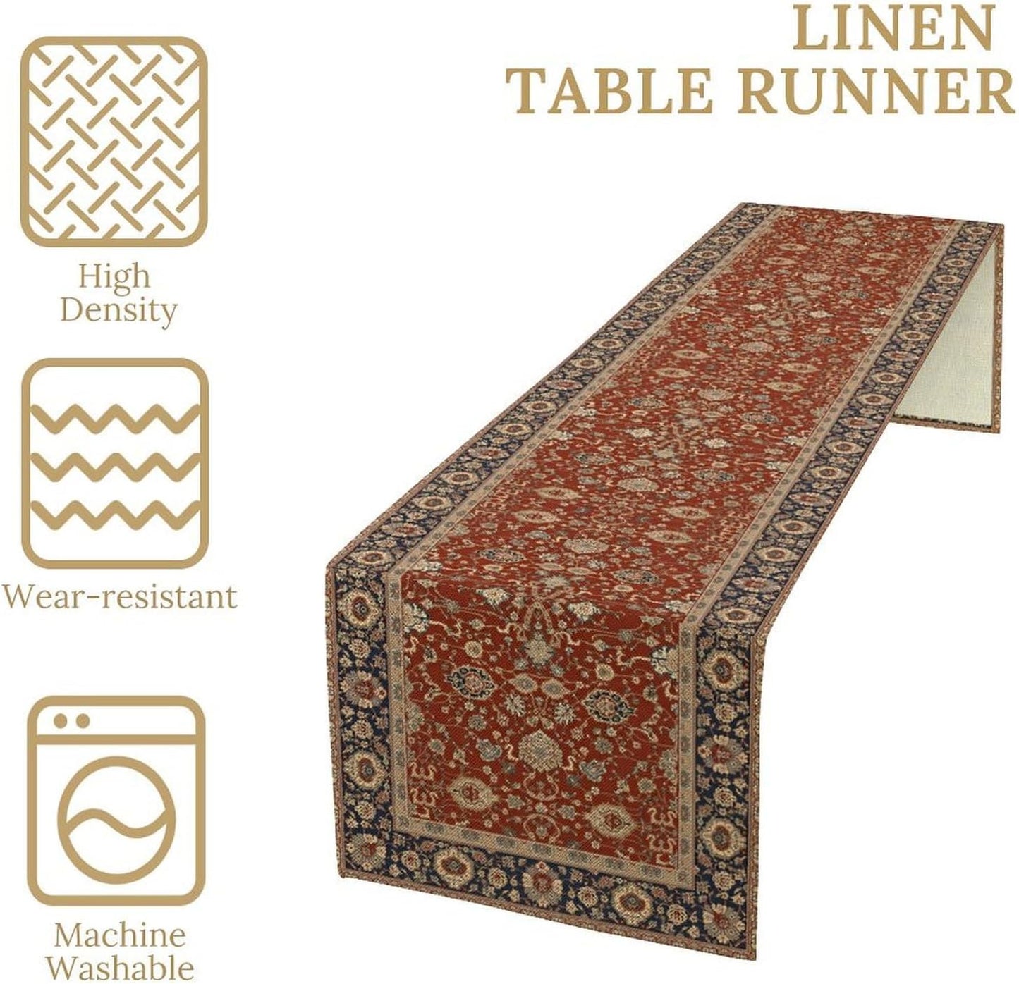 Boho Floral Vintage Red Blue Table Runner, Retro Flower Rustic Country Farmhouse Abstract Pattern for Home Kitchen Table Decor Dining Coffee Room Party Decor 13x36in