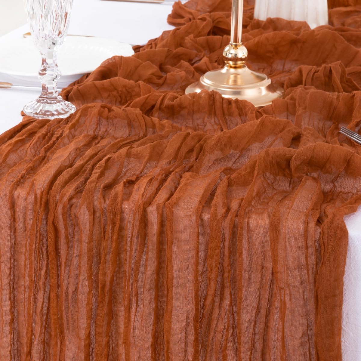 MLMW 3 Pack Fall Thanksgiving Table Runner Cheesecloth Autumn Harvest Rust Terracotta Cheese Cloth Boho Gauze 160 inch Table Runner 13.3ft for Wedding Party Baby Bridal Shower Birthday