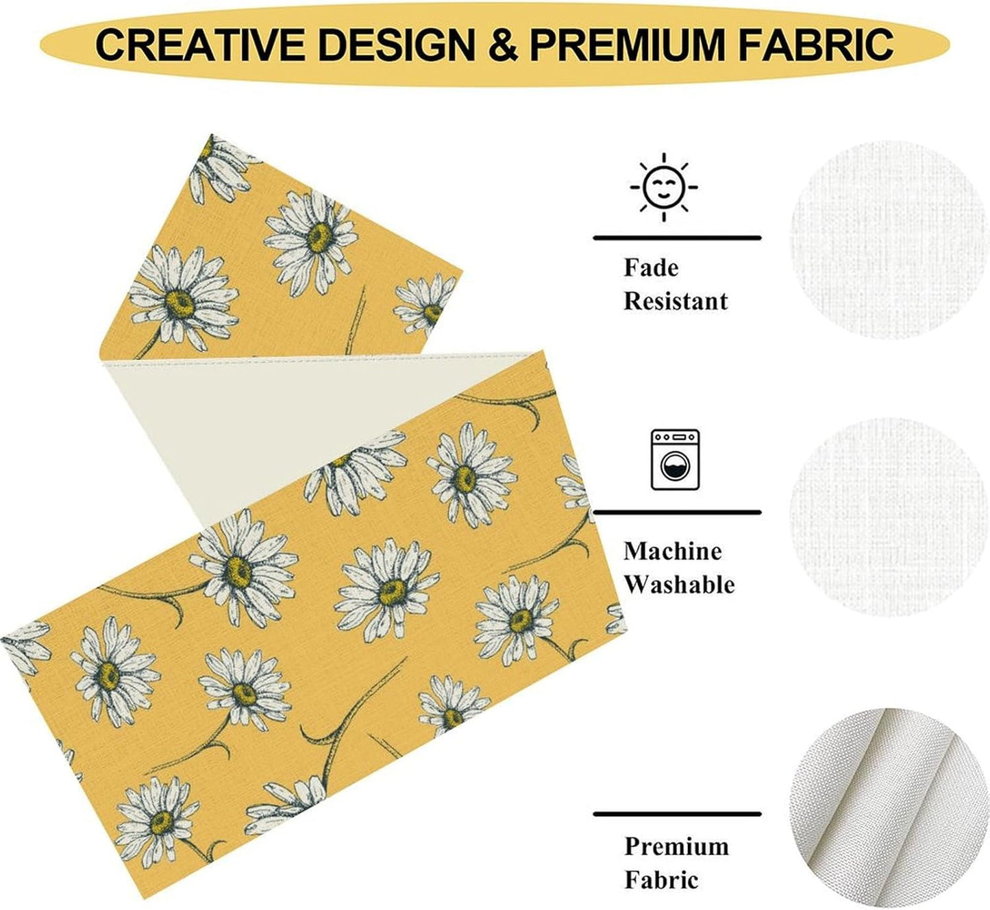 Daisy Table Runner, Spring Floral Seasonal Summer Yellow Flower Rustic Farmhouse Table Center Decor for Home Kitchen Dining Patio Holiday Party Indoor Outdoor Table Decorations, 13"x36" Inch
