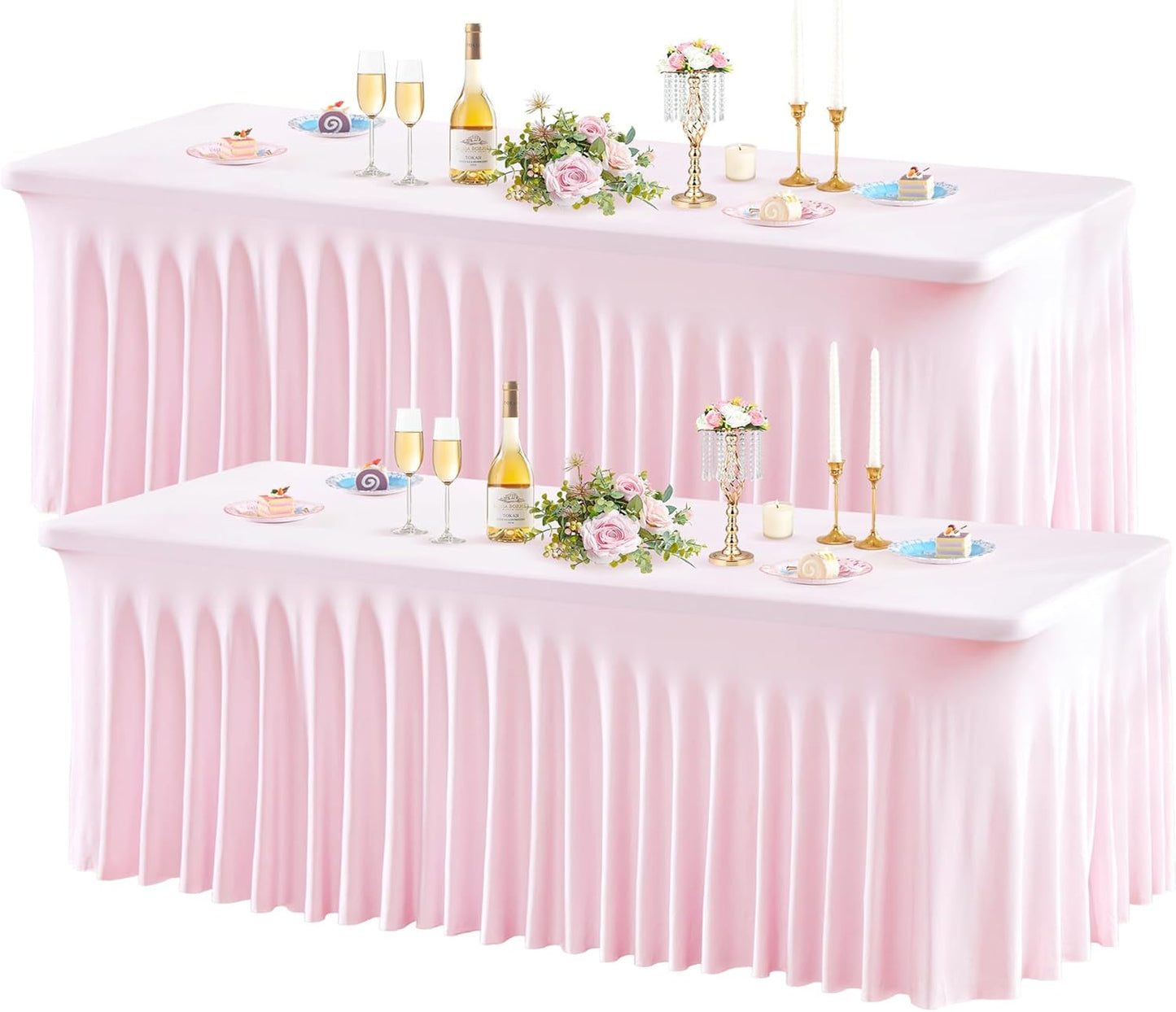 Wish Care 2 Pack Pink Spandex Table Clothes for 6 Foot Rectangle Tables, 6FT Wrinkle Free Fitted Tablecloths Ruffles Design Table Cover for Party, Banquet, Wedding and Events