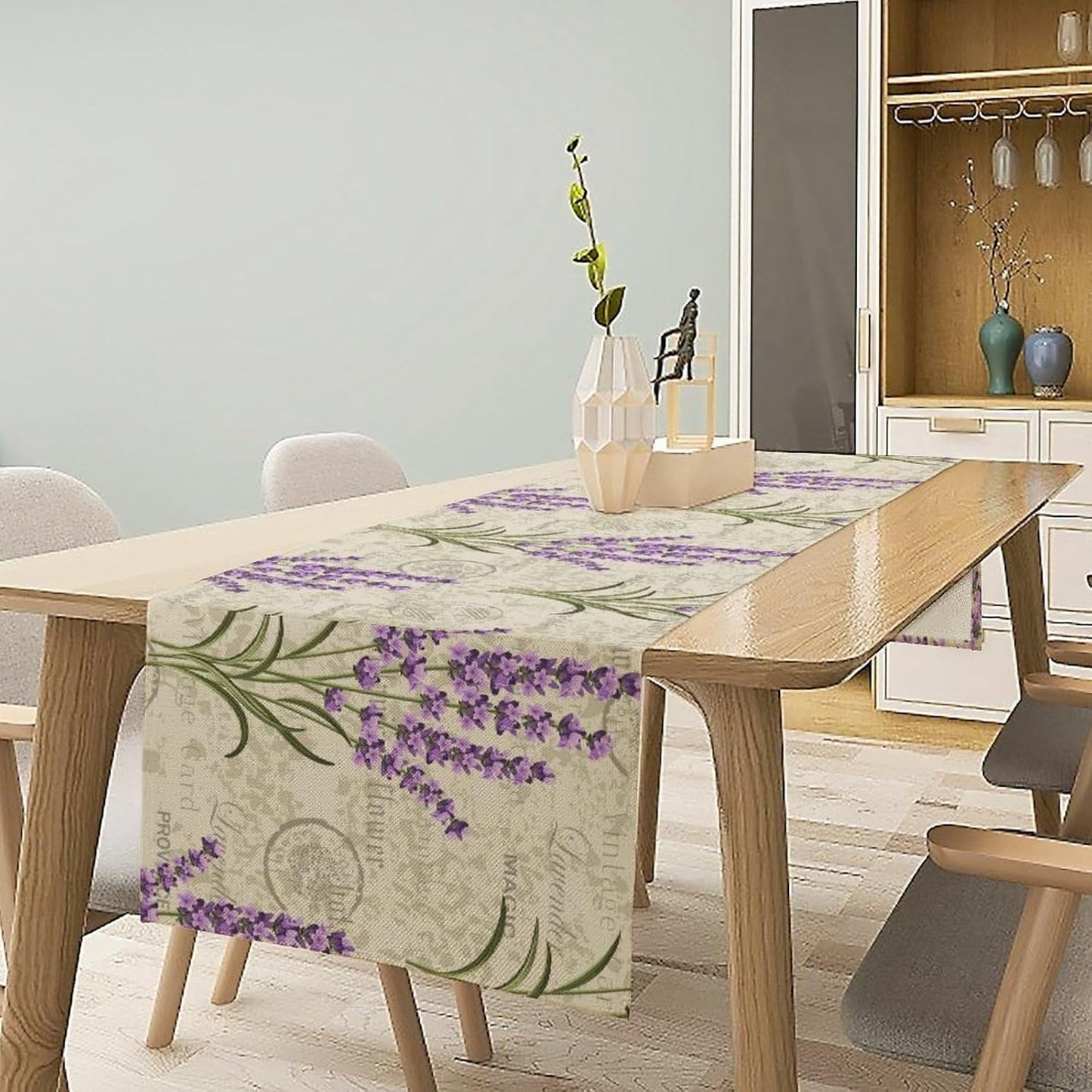 Floral Lavender Table Runner,Vintage Rustic Country Romantic Purple Flower Pattern Print Burlap for Hotel Indoors Outdoor Dining Room Kitchen Home Decor, 13x108in