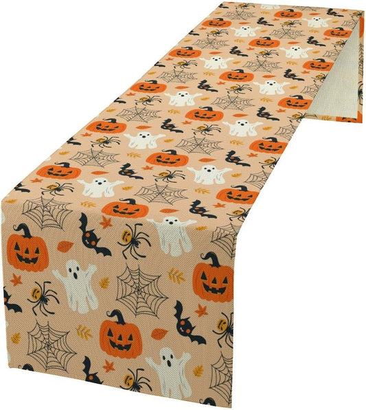 Halloween Table Runner,Cute Ghost Pumpkin Leaves Table Runner for Kitchen Dining Table Decoration Home Party Decor 13x60 Inch