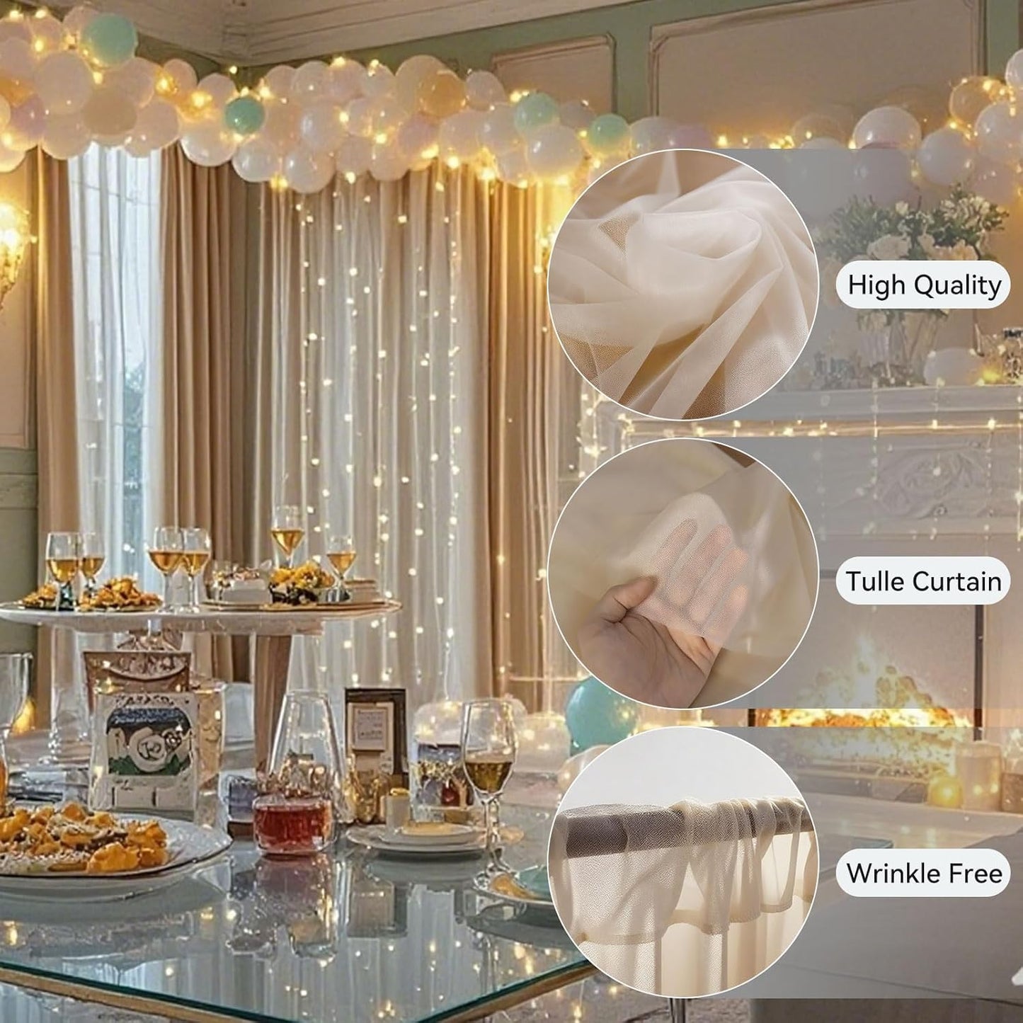10×10ft Tulle Backdrop Curtains with Lights String - 300LED Fairy Lights Sheer Curtain Backdrop for Weddings Baby Shower and Birthday Party Decorations(6 Panels 5×10ft)