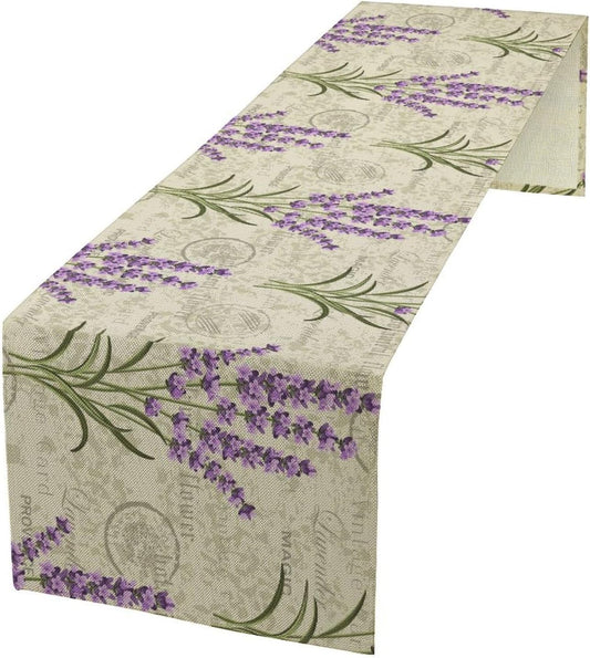 Floral Lavender Table Runner,Vintage Rustic Country Romantic Purple Flower Pattern Print Burlap for Hotel Indoors Outdoor Dining Room Kitchen Home Decor, 13x108in