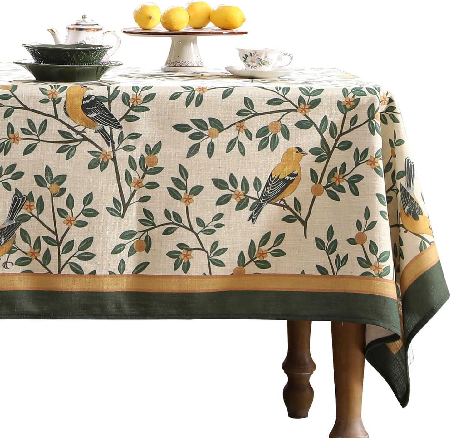 patdrea Designer French Table Cloth for Rectangle Table,Vintage Green Linen Birds and Leaves Pattern Tablecloths,Dacorative Cover Kitchen Dining,Christmas,Thanksgiving,Tea Party,63"x87"-Warbler