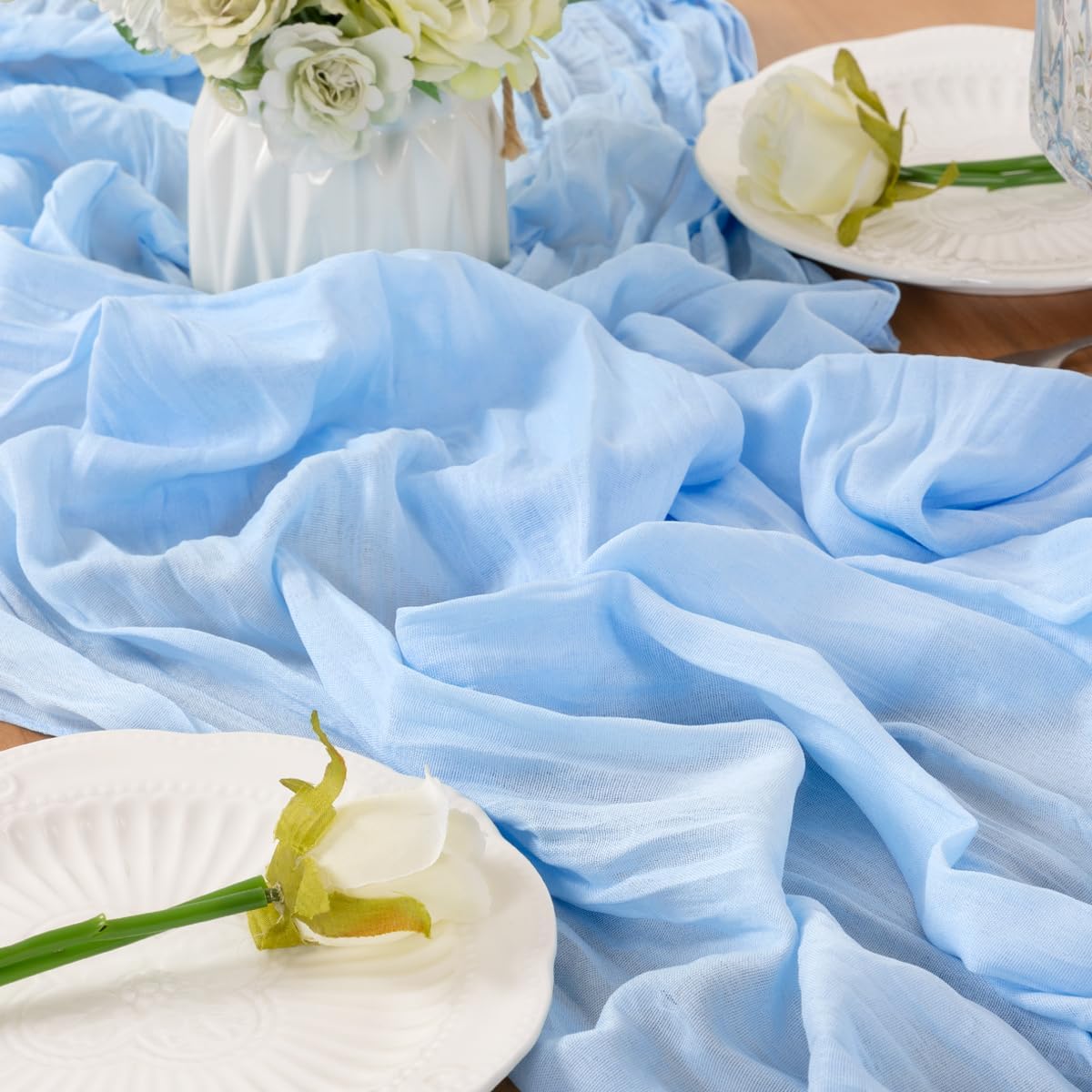 Light Blue Table Runner Cheesecloth Table Runner 10FT Farmhouse Table Runners 120 Inches Fall Table Decor Dining Room Centerpiece Wedding Boho Baby Shower Birthday